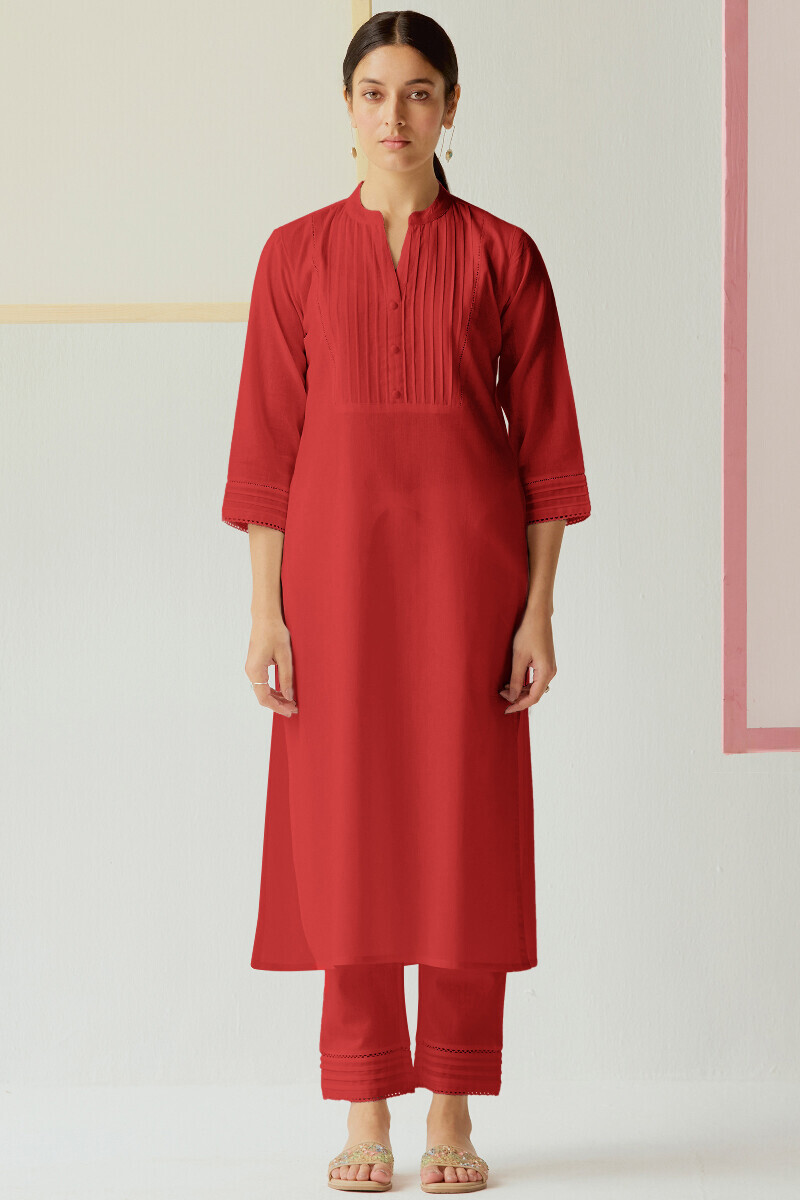Red Handcrafted Straight Gauze Slub Kurta