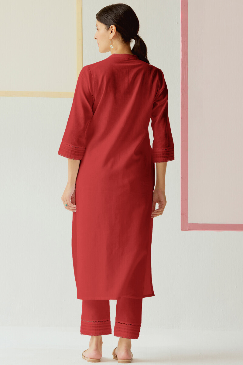 Red Handcrafted Straight Gauze Slub Kurta