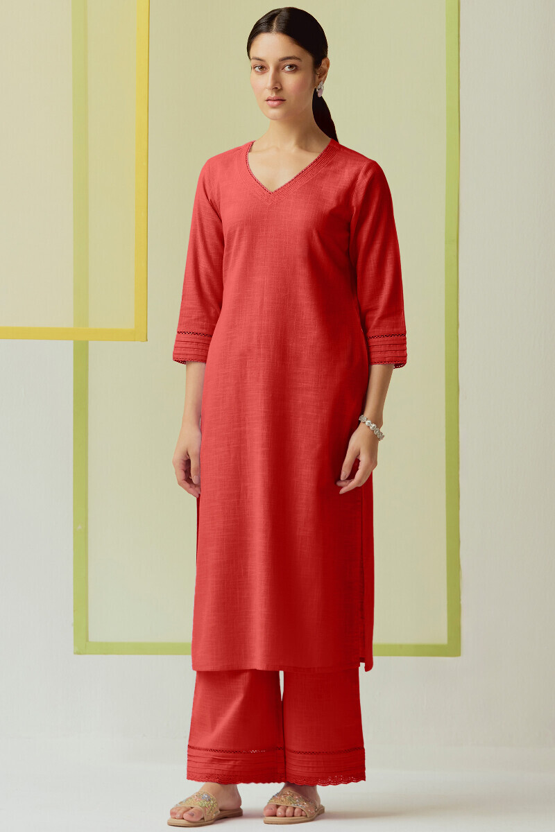 Red Handcrafted Straight Gauze Slub Kurta