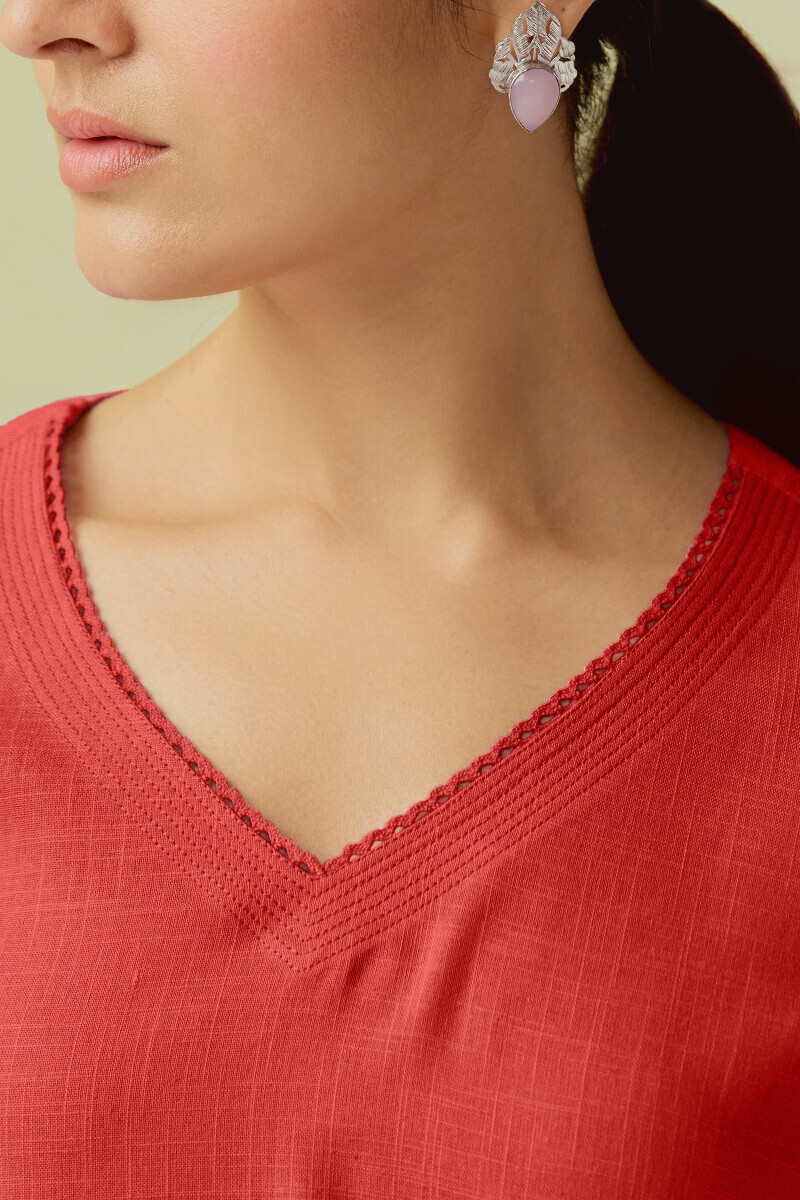 Red Handcrafted Straight Gauze Slub Kurta