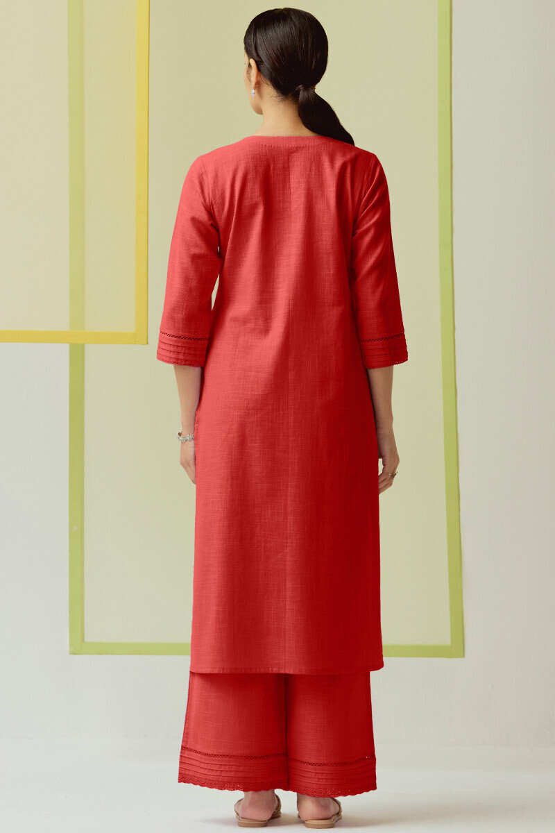 Red Handcrafted Straight Gauze Slub Kurta