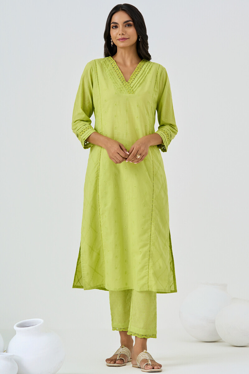 Green Handcrafted Straight Schiffli Kurta