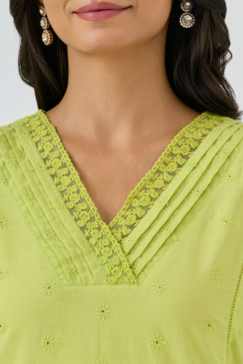 Green Handcrafted Straight Schiffli Kurta