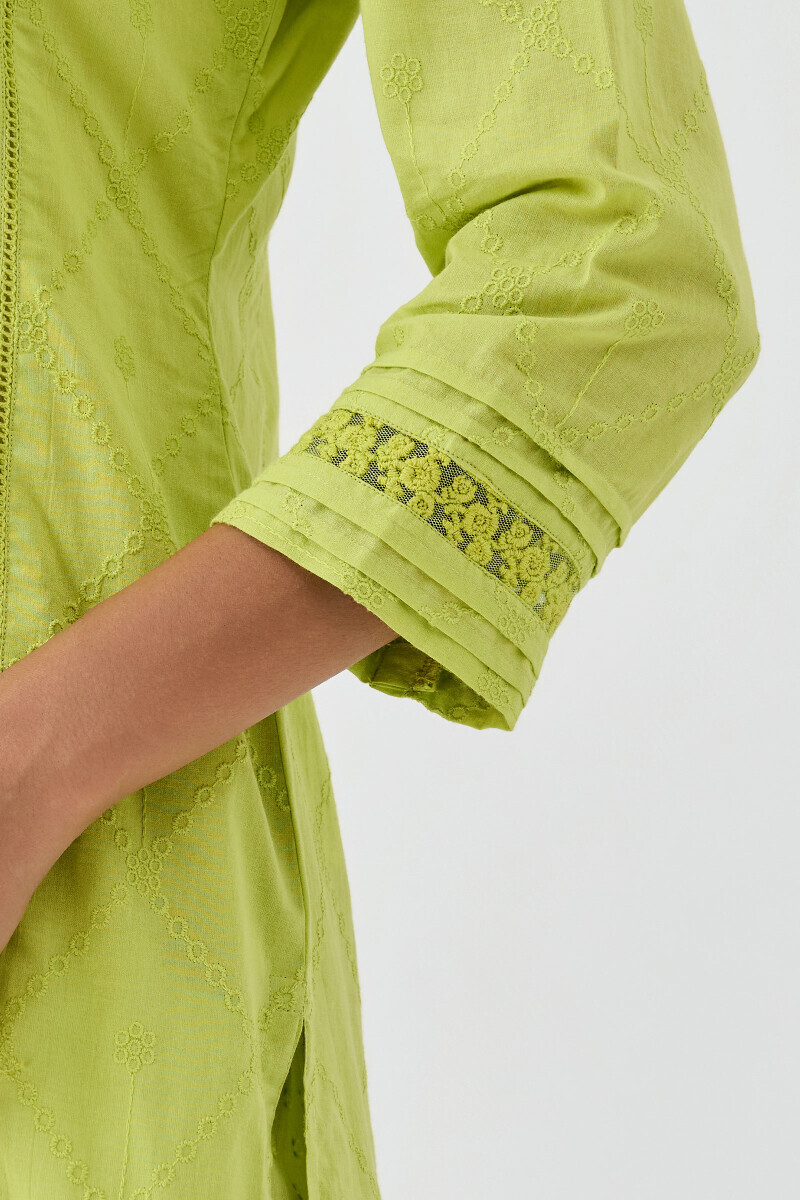 Green Handcrafted Straight Schiffli Kurta