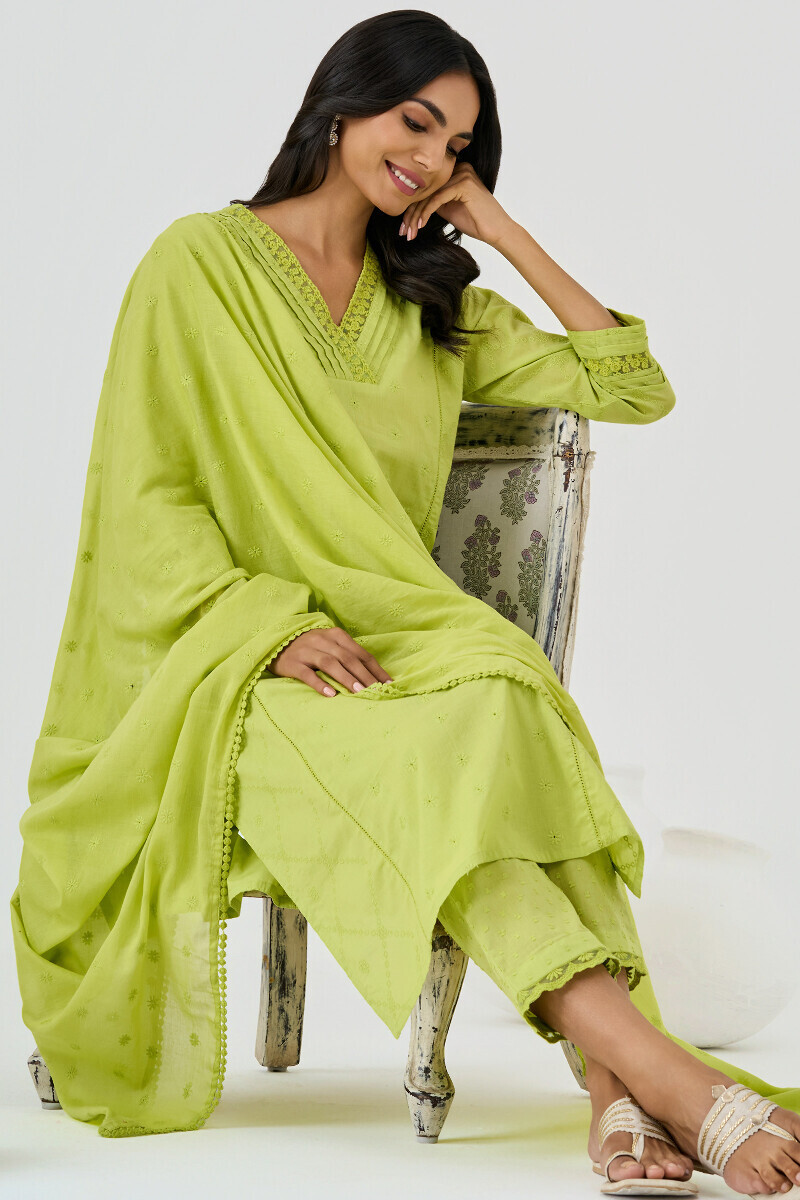 Green Handcrafted Straight Schiffli Kurta