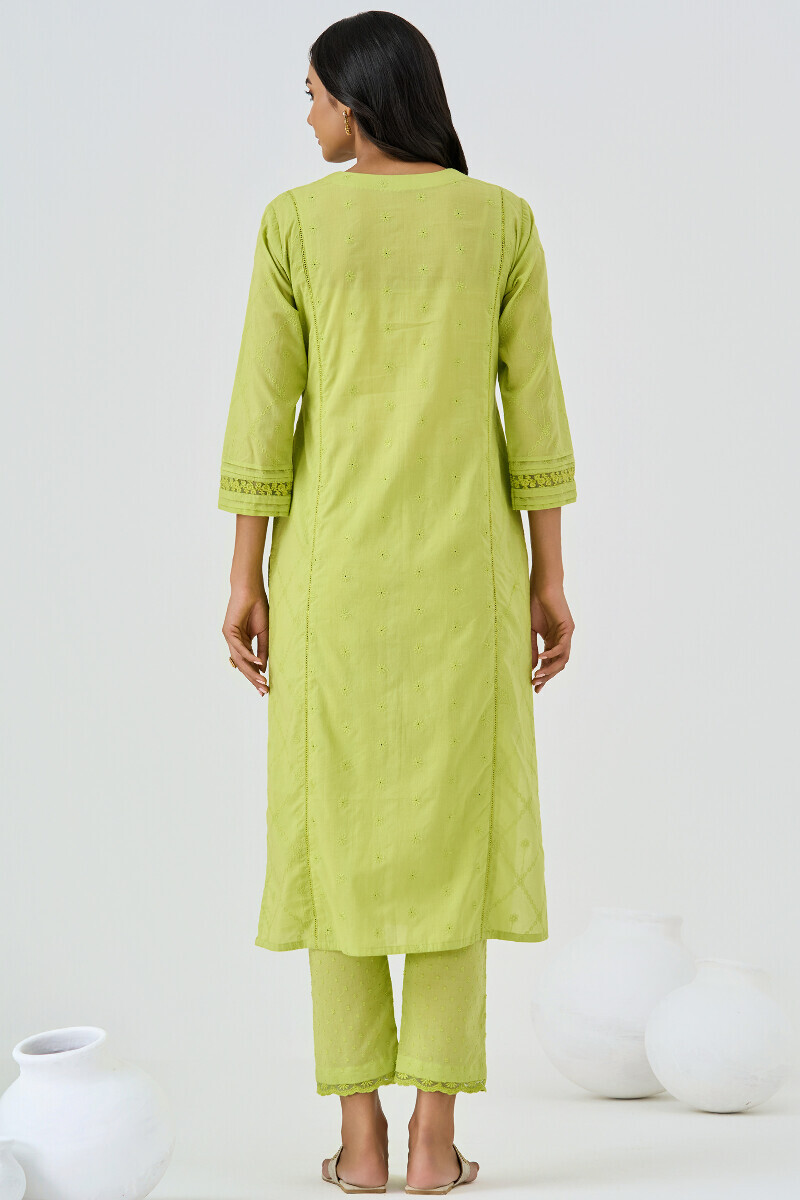 Green Handcrafted Straight Schiffli Kurta