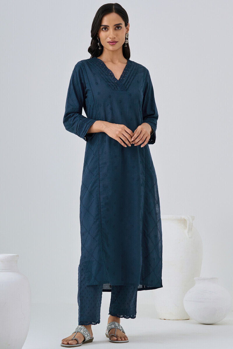 Navy Blue Handcrafted Straight Schiffli Kurta