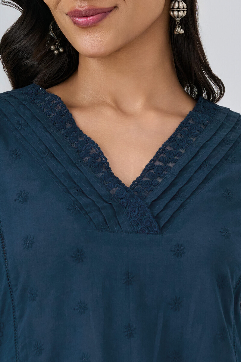 Navy Blue Handcrafted Straight Schiffli Kurta