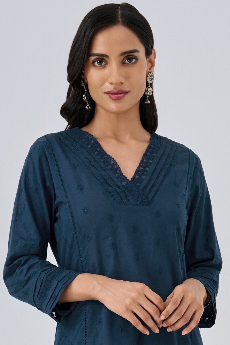 Navy Blue Handcrafted Straight Schiffli Kurta