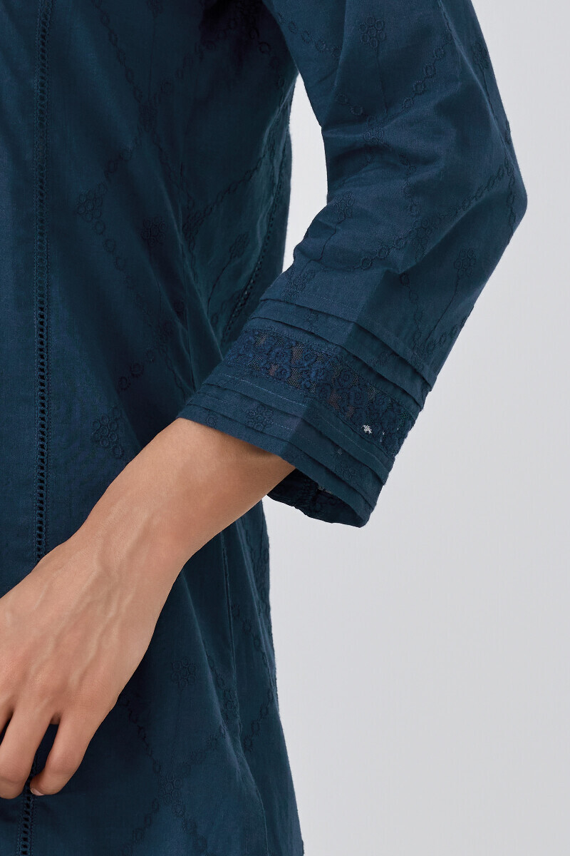 Navy Blue Handcrafted Straight Schiffli Kurta
