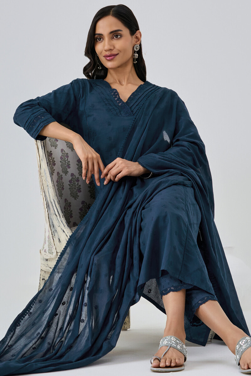 Navy Blue Handcrafted Straight Schiffli Kurta