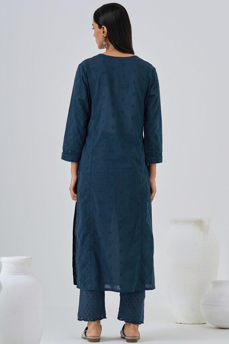 Navy Blue Handcrafted Straight Schiffli Kurta