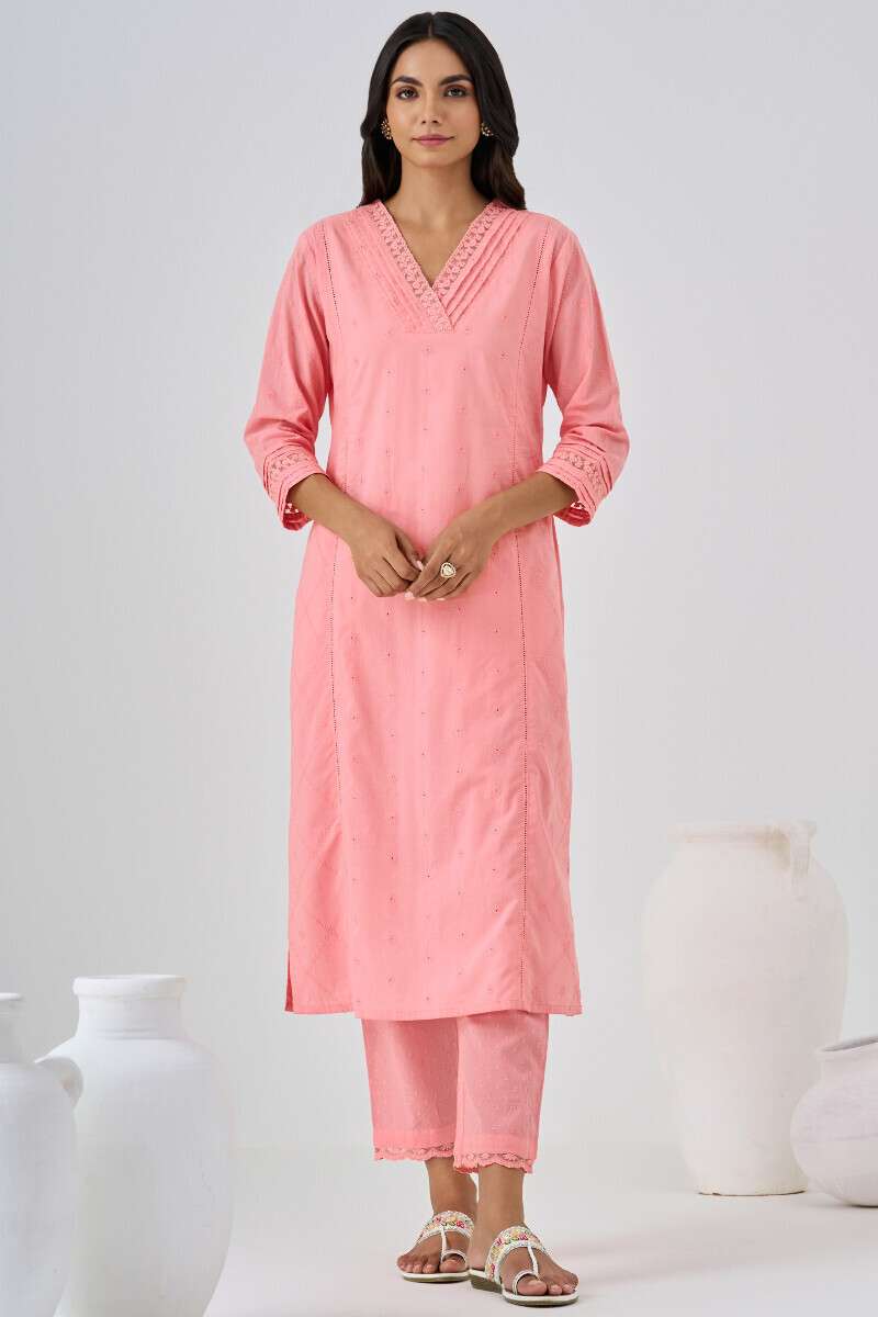 Pink Handcrafted Straight Cotton Kurta