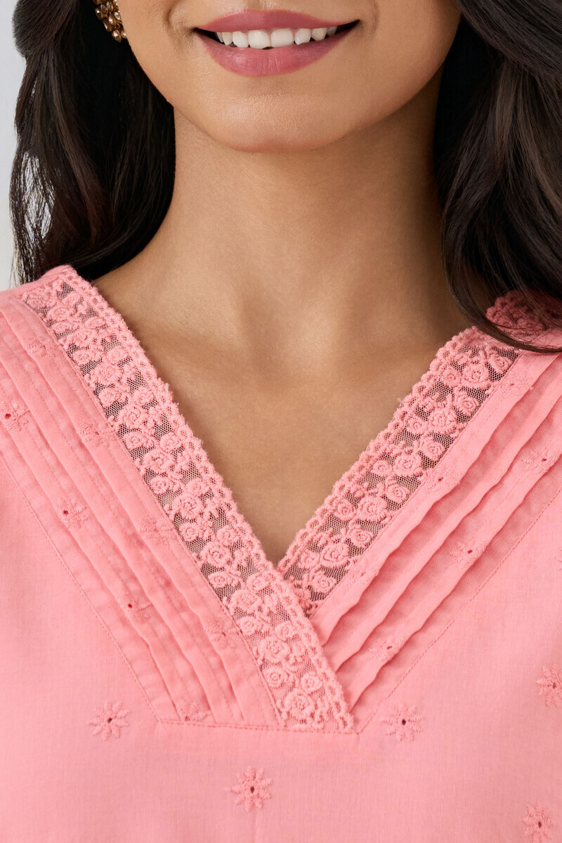 Pink Handcrafted Straight Cotton Kurta
