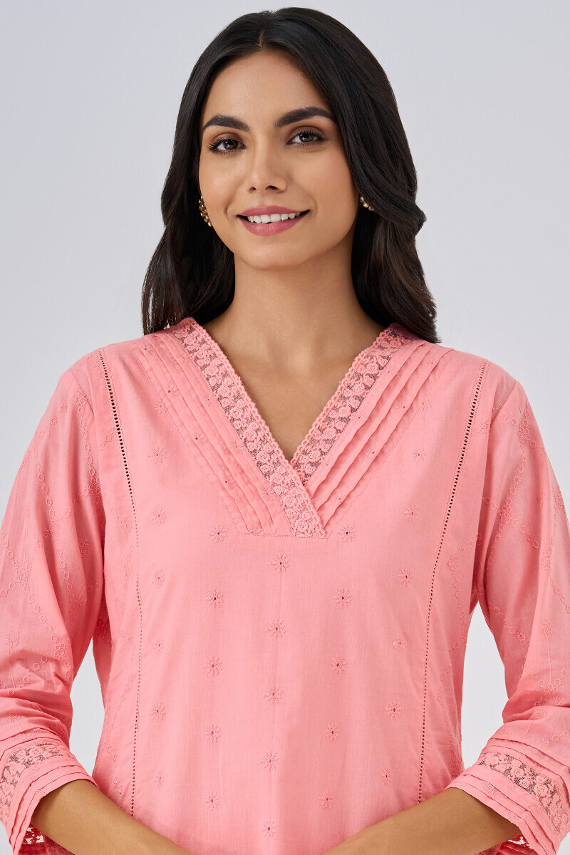 Pink Handcrafted Straight Cotton Kurta