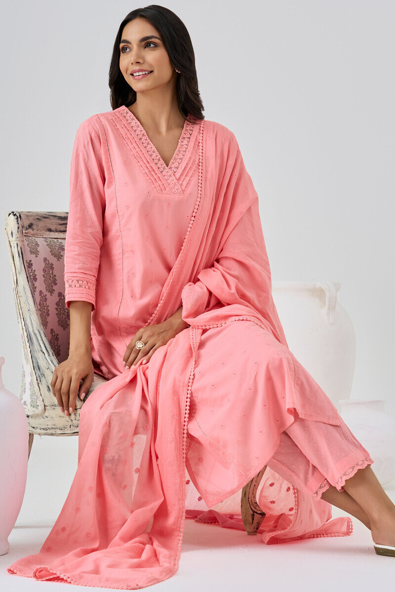 Pink Handcrafted Straight Cotton Kurta