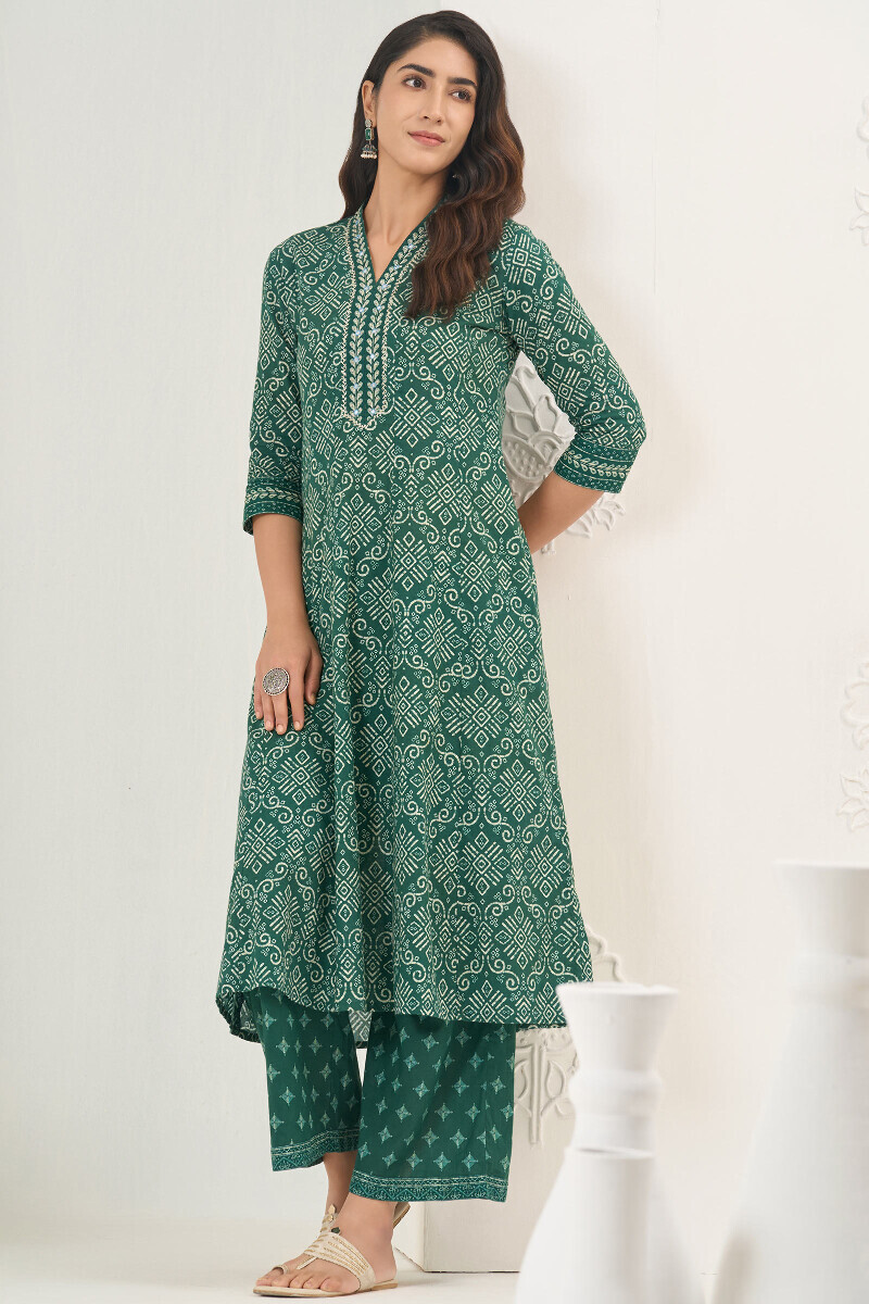 Green Printed Anarkali Cotton Kurta