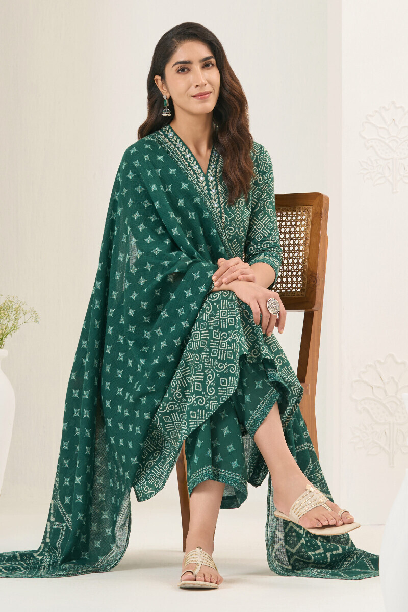 Green Printed Anarkali Cotton Kurta