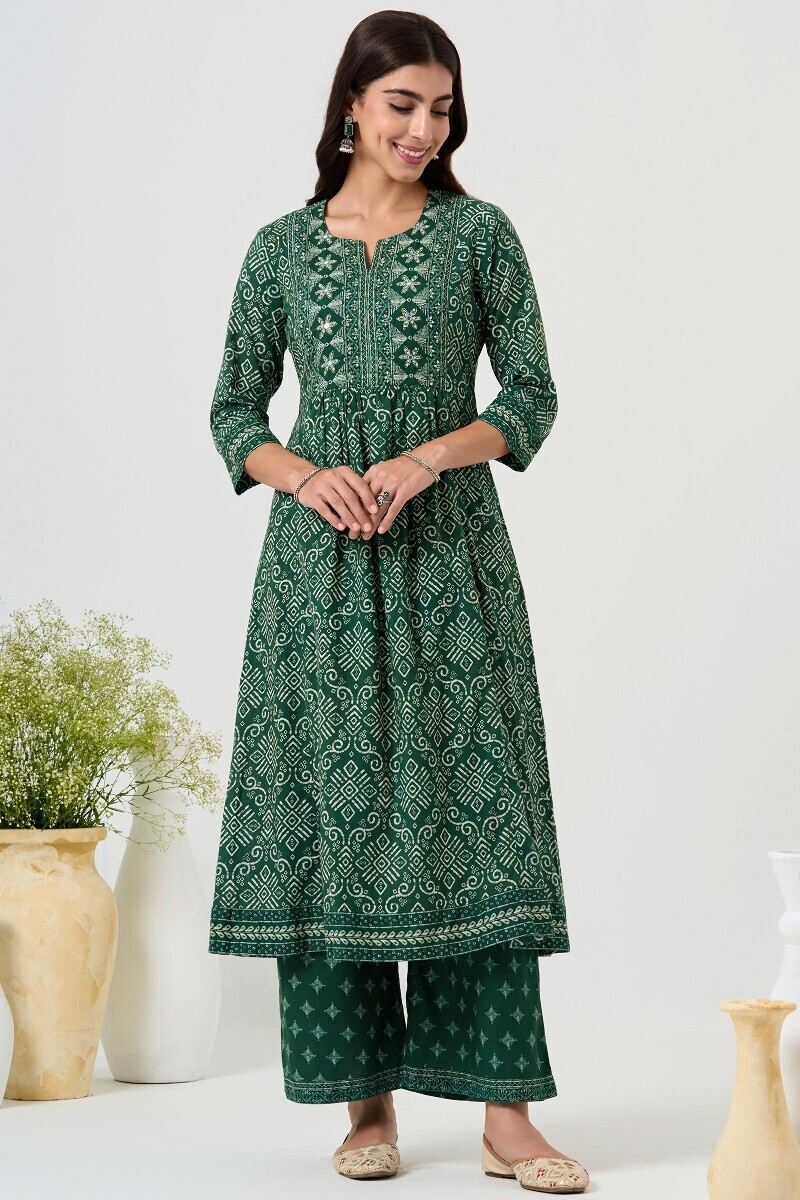 Green Printed A-Line Cotton Kurta