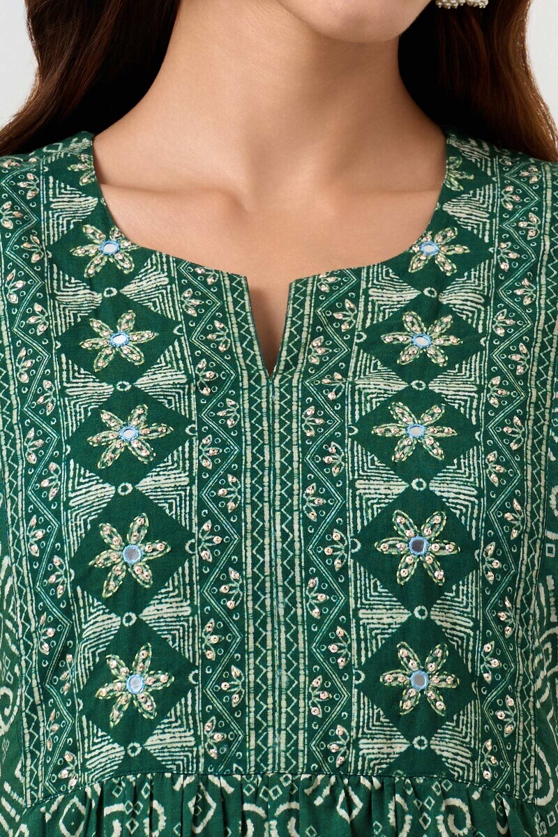 Green Printed A-Line Cotton Kurta