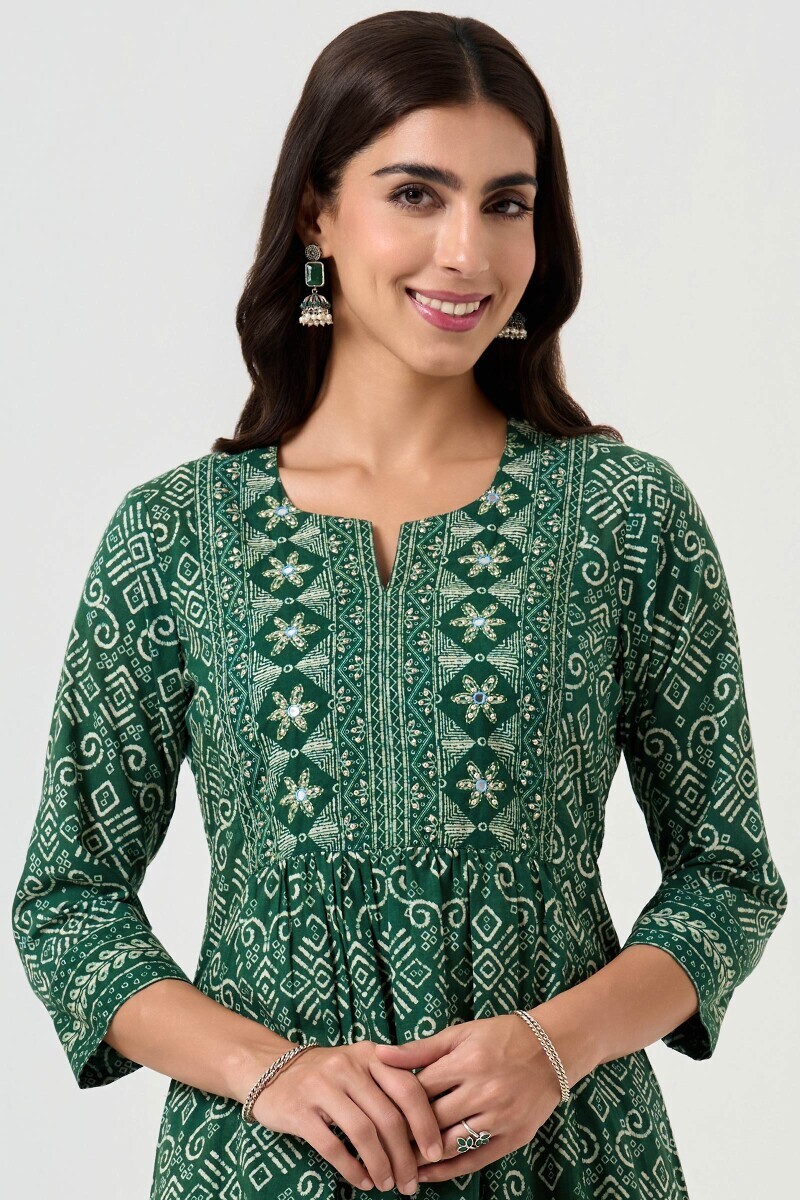 Green Printed A-Line Cotton Kurta