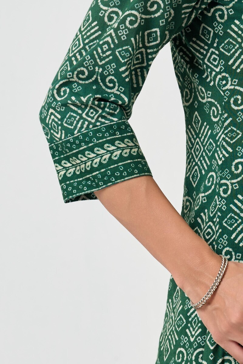 Green Printed A-Line Cotton Kurta