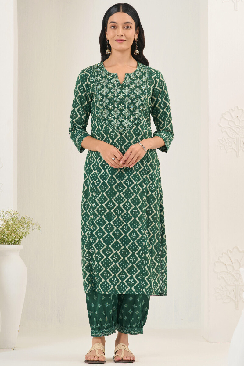 Green Printed Straight Cotton Kurta