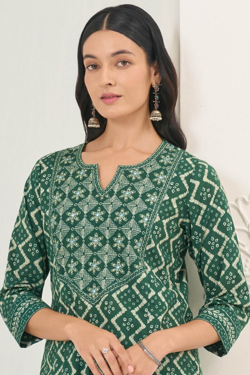 Green Printed Straight Cotton Kurta