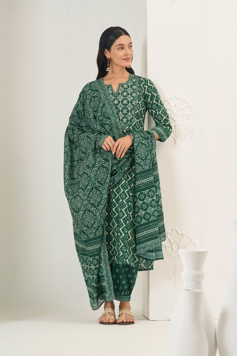 Green Printed Straight Cotton Kurta