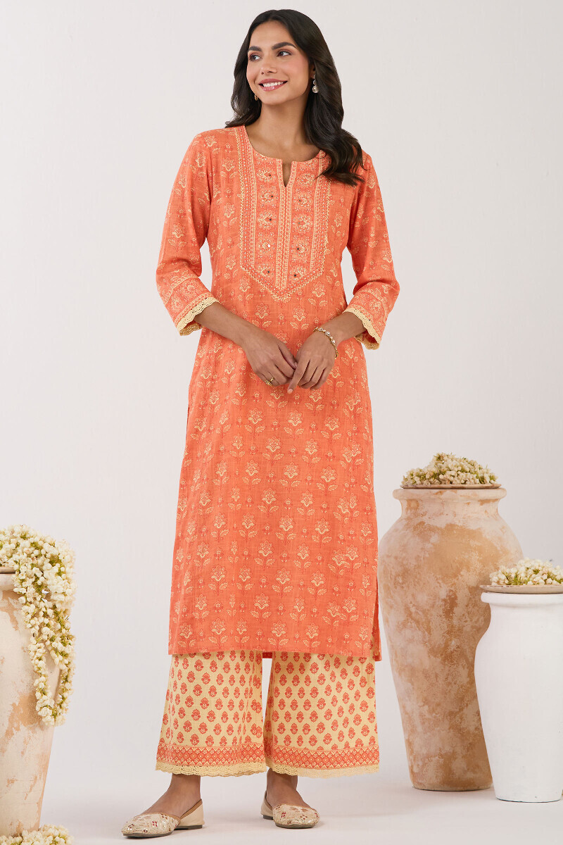 Orange Hand Printed Straight Cotton Slub Kurta