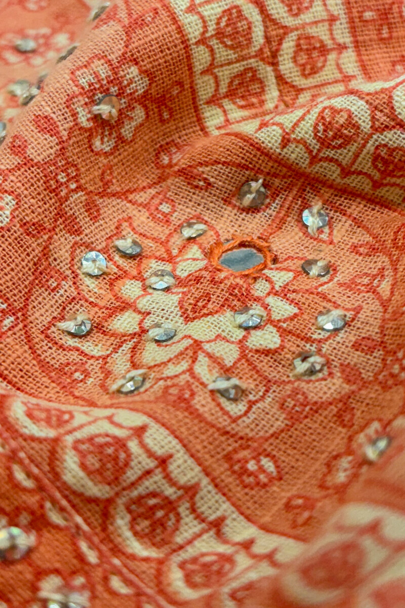Orange Hand Printed Straight Cotton Slub Kurta