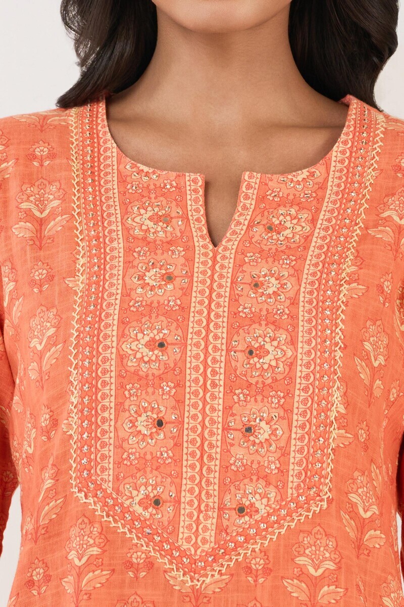 Orange Hand Printed Straight Cotton Slub Kurta