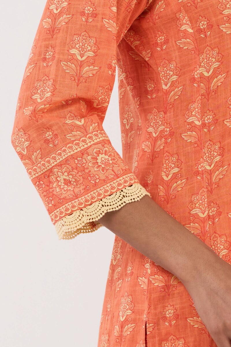 Orange Hand Printed Straight Cotton Slub Kurta
