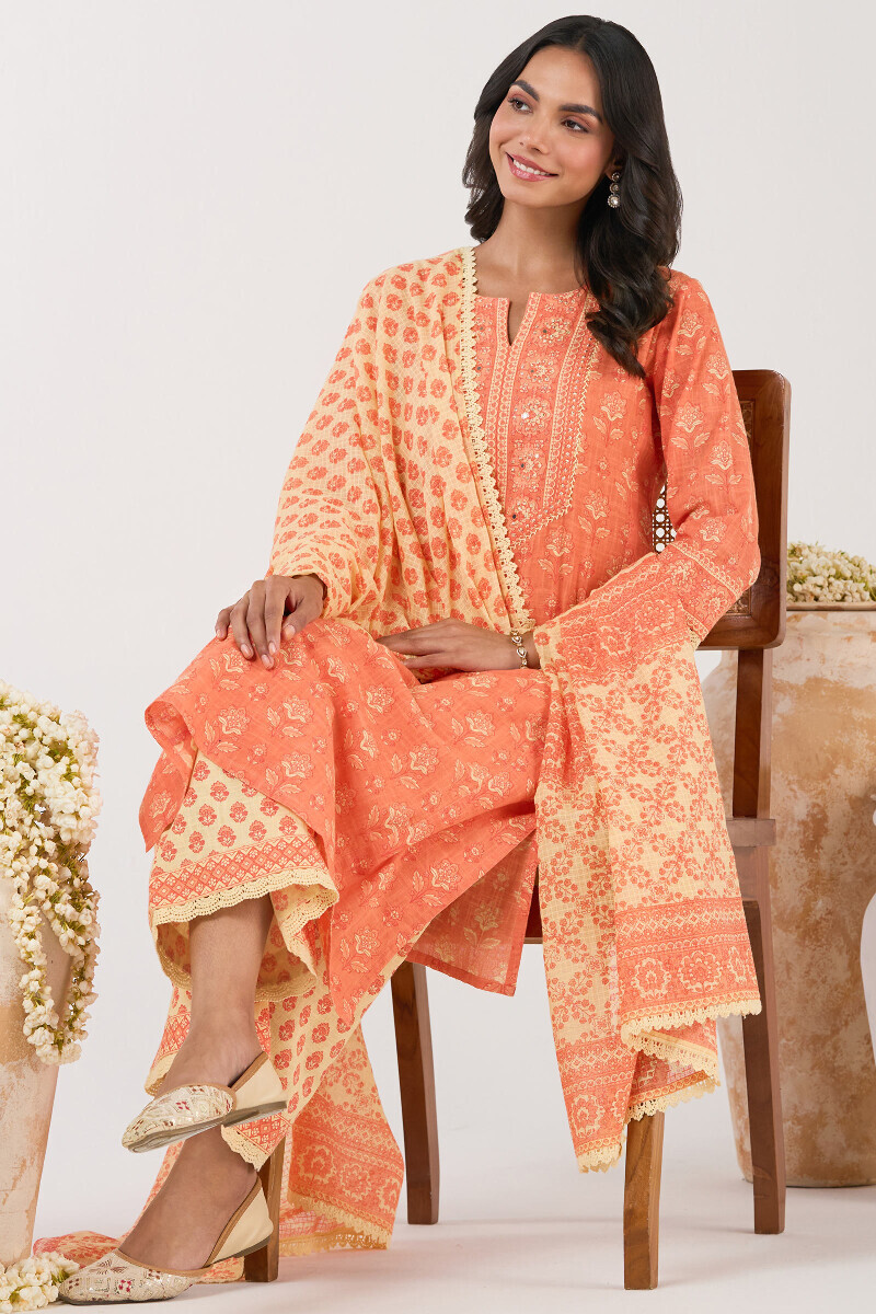Orange Hand Printed Straight Cotton Slub Kurta