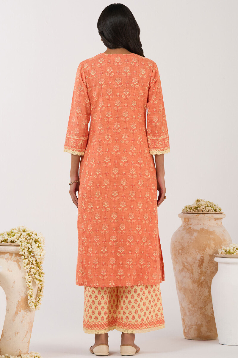 Orange Hand Printed Straight Cotton Slub Kurta
