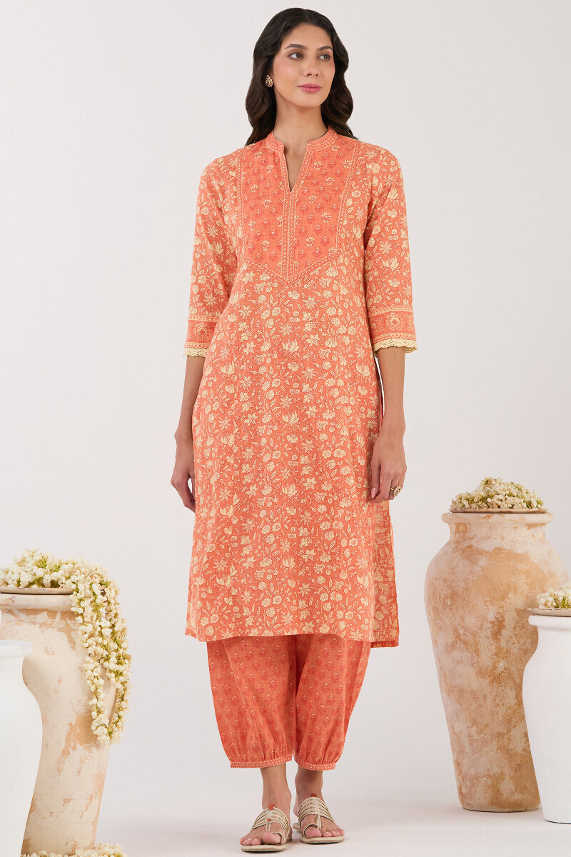 Orange Hand Printed Straight Cotton Slub Kurta