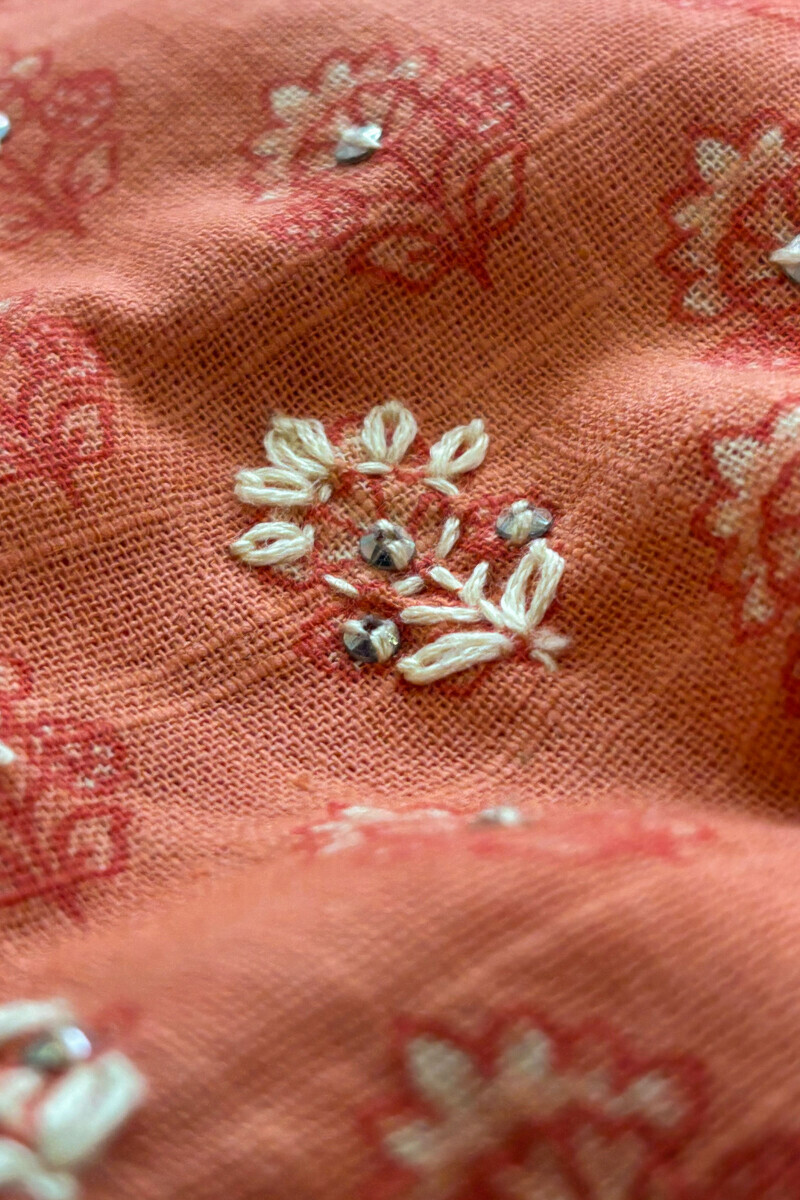 Orange Hand Printed Straight Cotton Slub Kurta