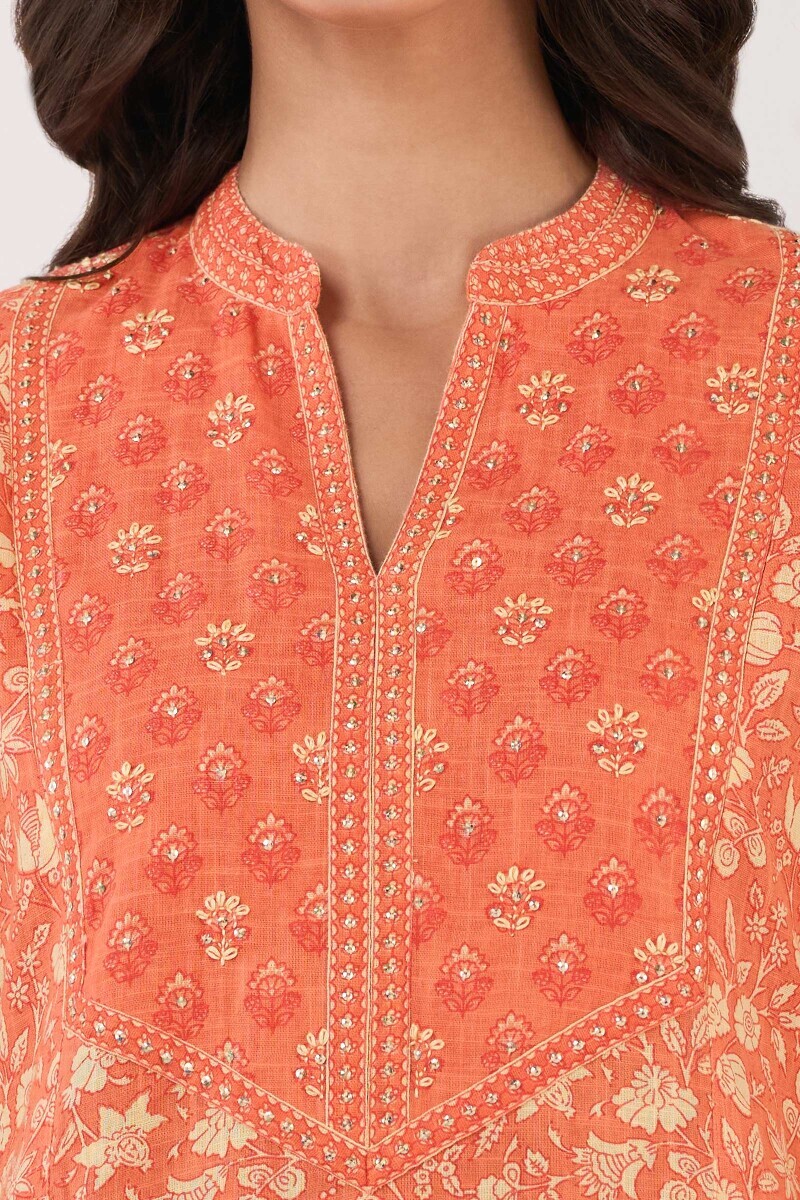 Orange Hand Printed Straight Cotton Slub Kurta