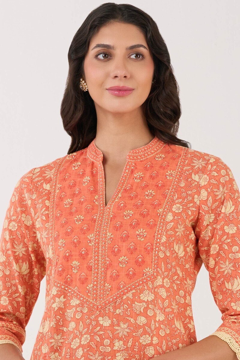 Orange Hand Printed Straight Cotton Slub Kurta