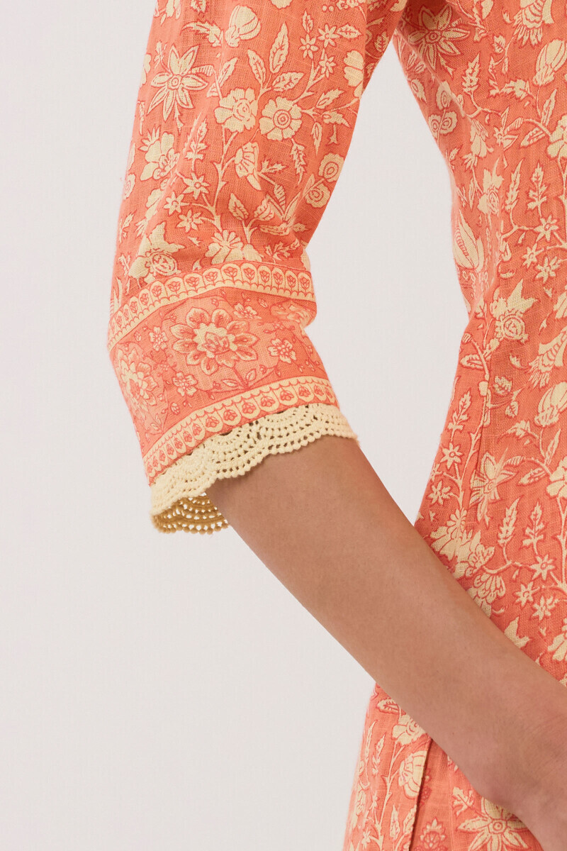 Orange Hand Printed Straight Cotton Slub Kurta