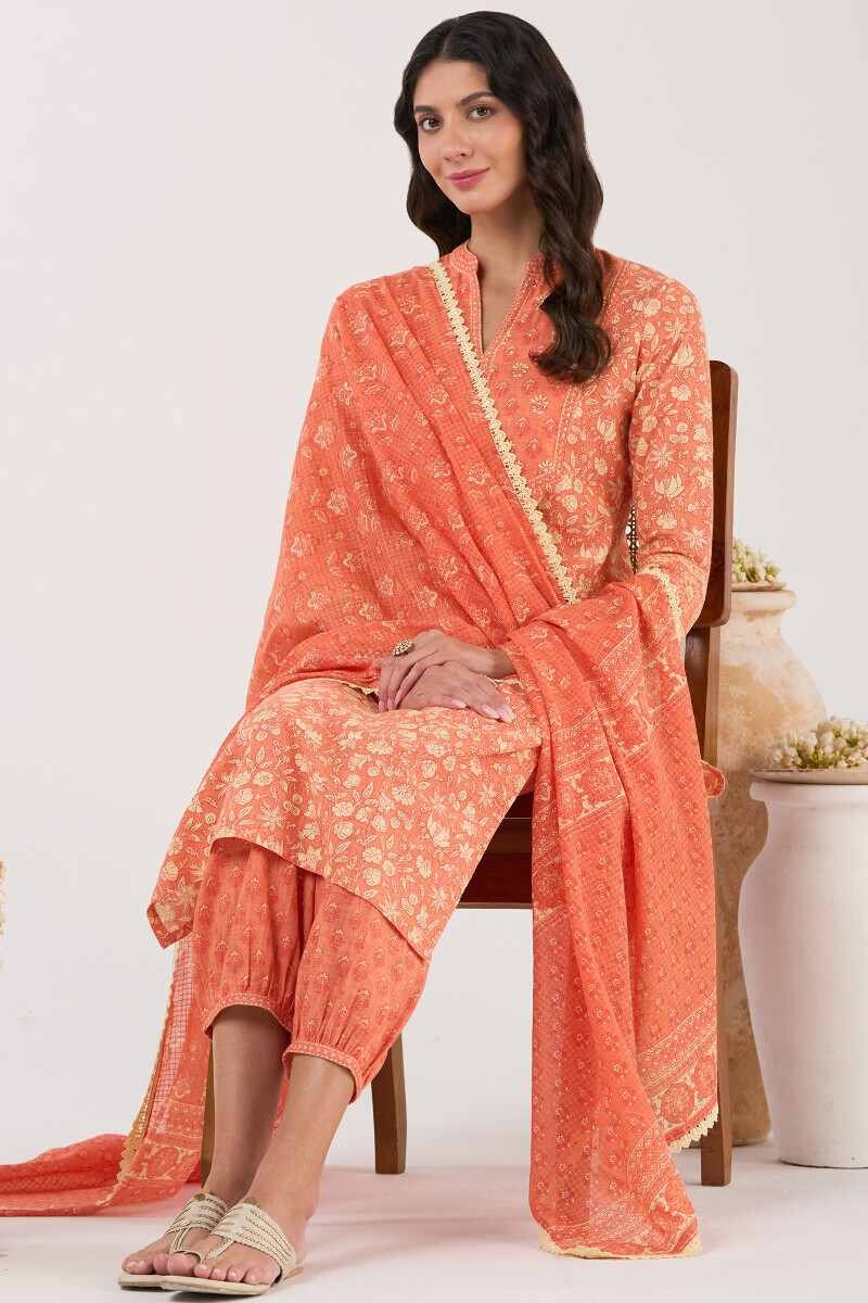 Orange Hand Printed Straight Cotton Slub Kurta