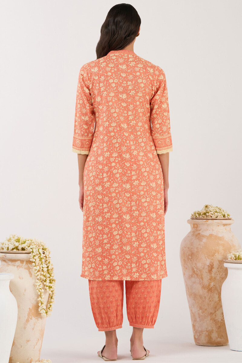 Orange Hand Printed Straight Cotton Slub Kurta