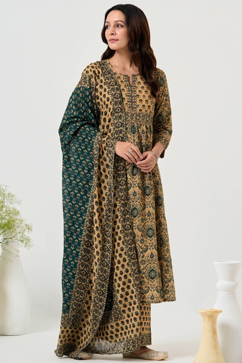 Beige Printed A-Line Cotton Kurta