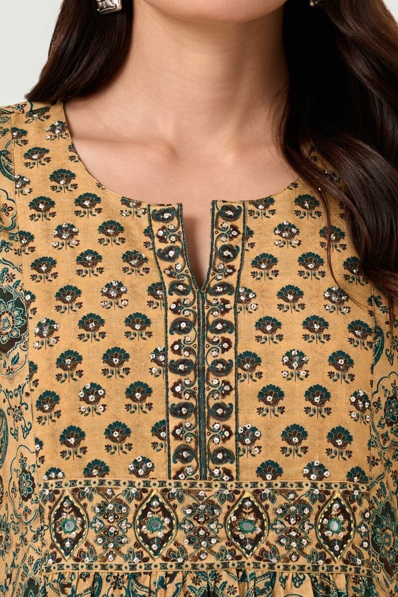 Beige Printed A-Line Cotton Kurta