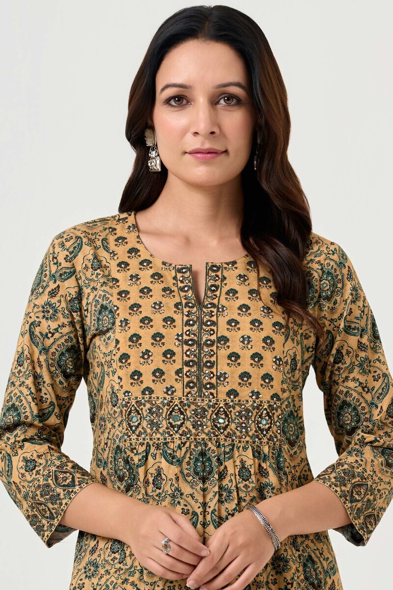 Beige Printed A-Line Cotton Kurta