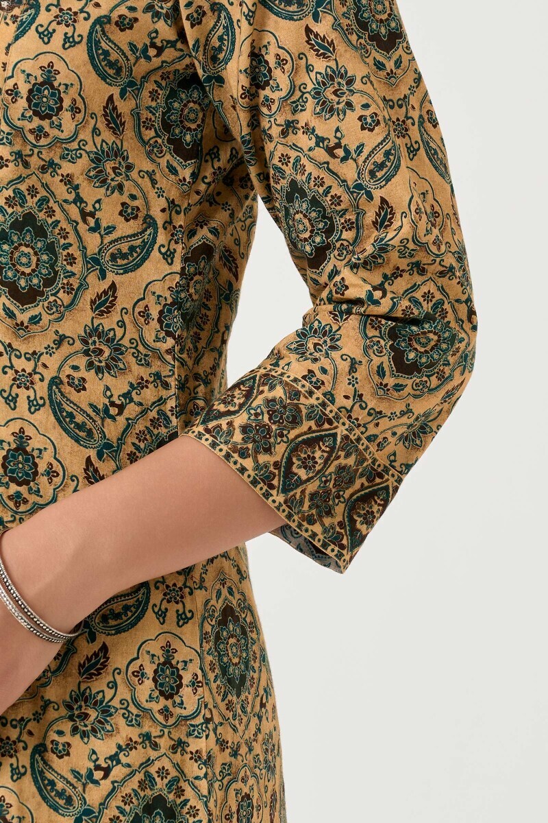 Beige Printed A-Line Cotton Kurta