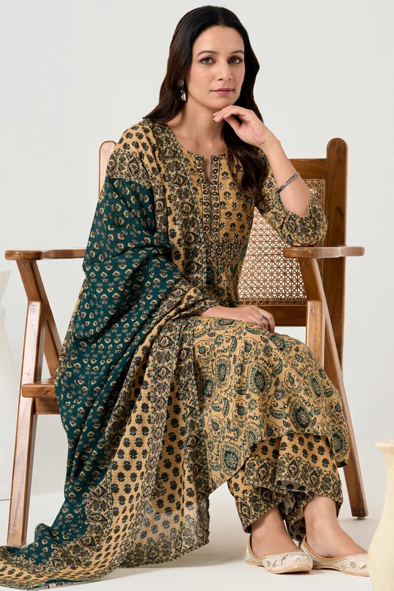 Beige Printed A-Line Cotton Kurta