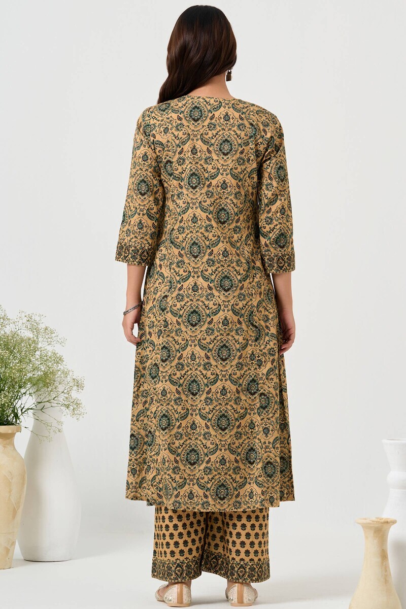 Beige Printed A-Line Cotton Kurta