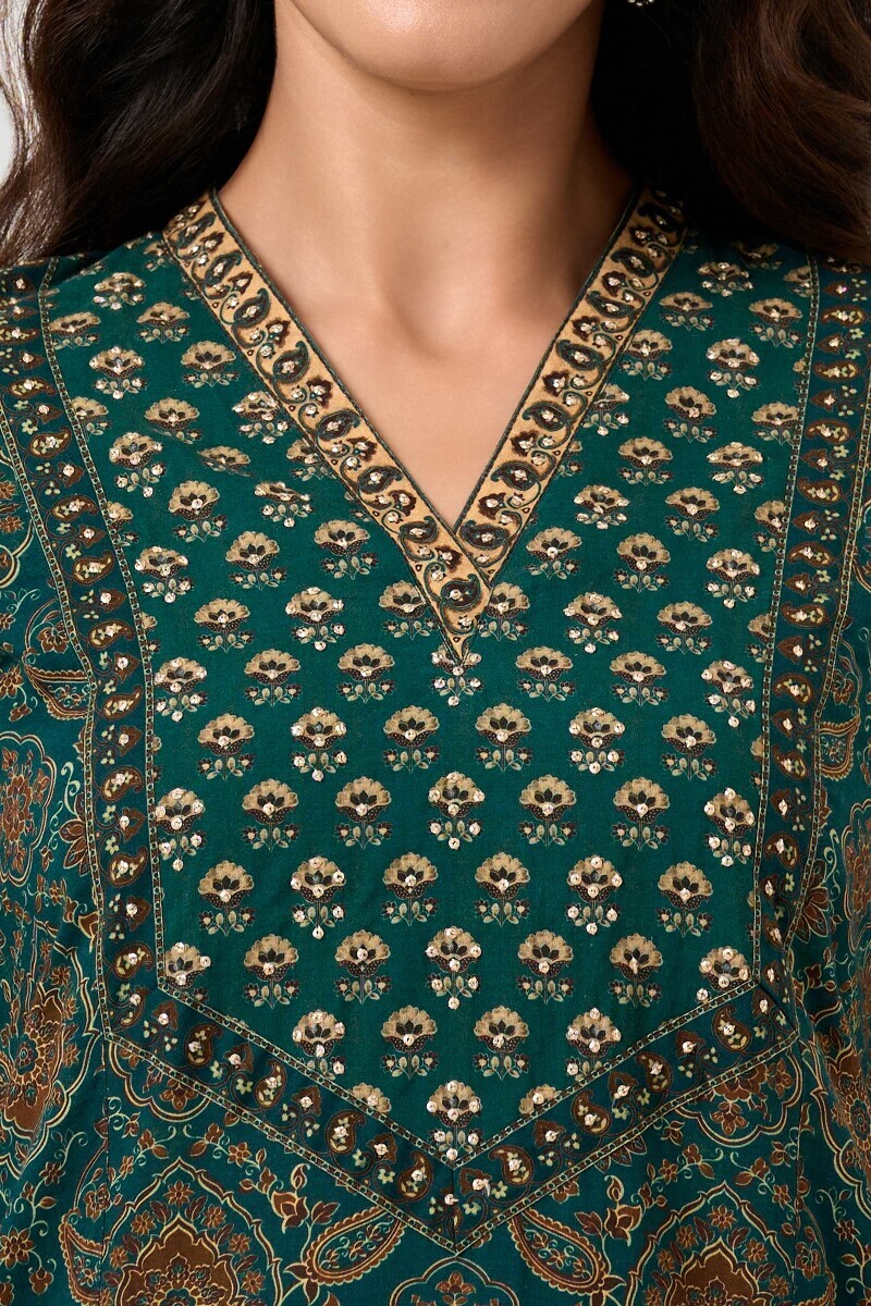 Green Printed Straight Cotton Kurta