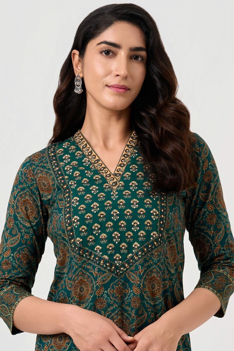 Green Printed Straight Cotton Kurta